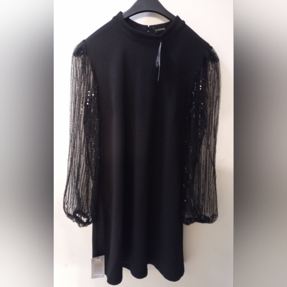Le Château Black Mini Dress XL Sequin Sheer Sleeves, Keyhole Back Elegant Dress